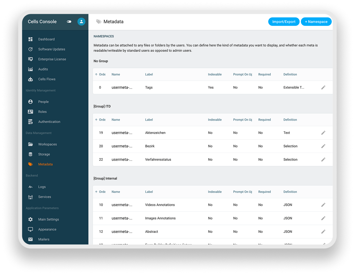 Metadata Setting on Pydio Cells Console